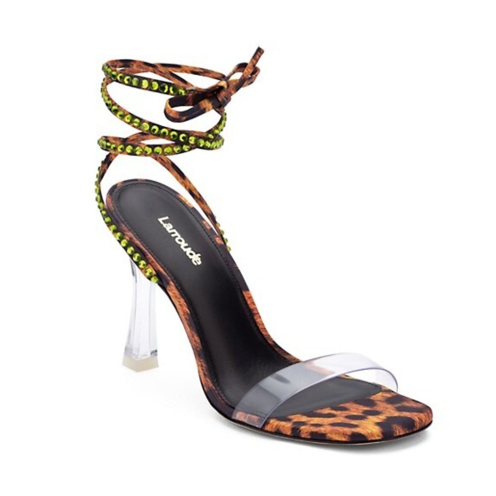 LARROUDE Disco Gloria Leopard Print Wrap Heels